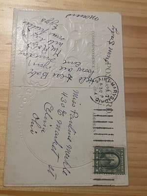 Vintage Easter Postcard Embossed Rabbits Violets Silver Foil Postmarked Nice - Thumbnail 2