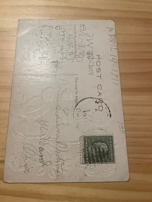 Vintage Easter Postcard Embossed Girl Bunny Lily Gold Border Postmarked 1911 - Thumbnail 2