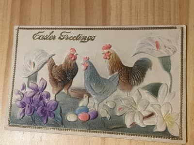 Vintage Embossed Easter Postcard Chickens Rooster Flowers Gold Printed Germany - Image 1