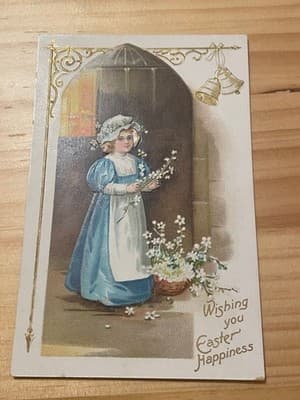 Vintage Easter Postcard Girl Blue Dress Wishing You Easter Happiness Embossed - Image 1