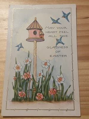 Easter Postcard Divided Back Unposted Series No 57 Birdhouse Daffodils Bluebirds - Image 1
