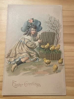 Raphael Tuck & Sons Easter Postcard Vintage Embossed Girl Chicks Basket Unposted - Image 1