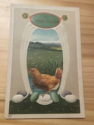 Vintage Embossed Easter Postcard Printed in Germany A Joyous Easter Hen Scene - Image 1