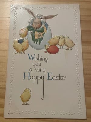 Vintage 1916 Easter Postcard Embossed Bunny Chicks Wishing You Happy Greeting - Image 1