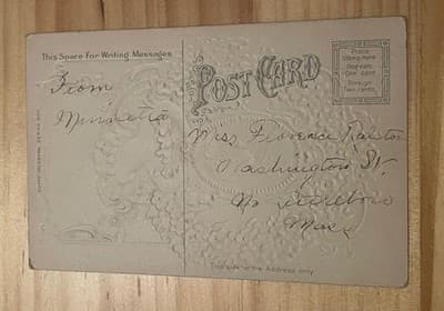 Antique Embossed Valentine Postcard Angel Forget Me Nots Blue Floral Addressed - Thumbnail 2