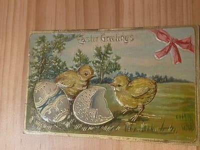 Vintage Easter Postcard Embossed Chicks Eggs Postmarked 1c Stamp Gold Trim Used - Image 1