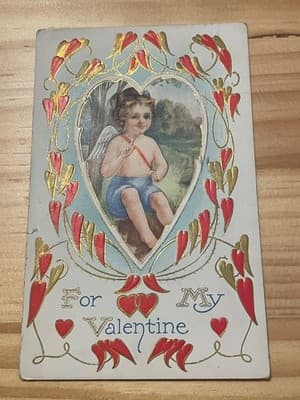 Vintage 1913 Embossed Valentine Postcard Cupid Hearts Divided Back Postmarked - Image 1
