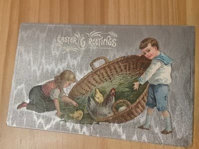 Vintage Easter Postcard Embossed Children Basket Chickens Silver Made in USA - Image 1