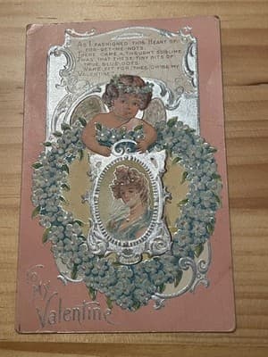 Antique Embossed Valentine Postcard Angel Forget Me Nots Blue Floral Addressed - Image 1
