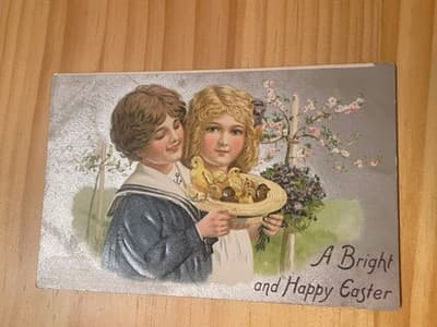 Vintage 1911 Embossed Easter Postcard A Bright and Happy Easter Children Chicks - Image 1