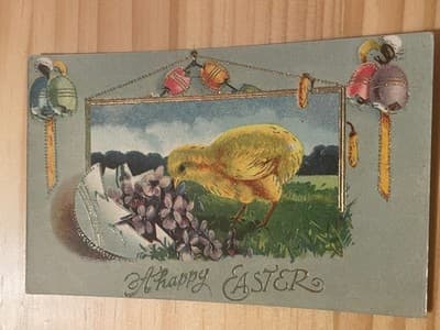 Vintage Easter Postcard Chick A Happy Easter Embossed Gold Trim Violets Unposted - Image 1