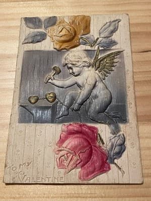 Vintage Embossed Valentine Card Cherub Rose 3D Relief Paper Ephemera Collectible - Image 1