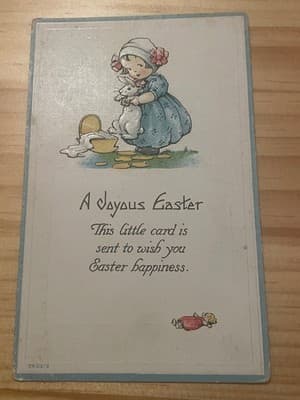 Vintage 1913 Easter Postcard Mailed Handwritten Illustrated Girl Bunny Embossed - Image 1