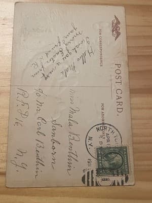 Vintage Easter Postcard 1911 Chick on Bonnet Embossed A Joyful Easter Postmarked - Thumbnail 2