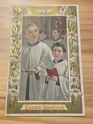 Vintage Easter Postcard Choir Boys Gold Embossed Lily Border Series 272 Mailed - Image 1