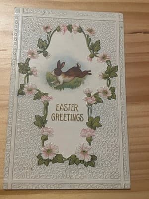 Vintage Embossed Easter Greetings Postcard Rabbit Made in USA Handwritten Unsent - Image 1