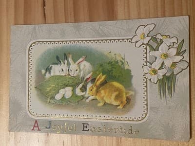 Vintage Joyful Eastertide Embossed Postcard Made in Germany Rabbits Written - Image 1