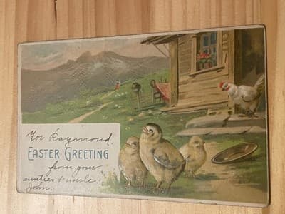 Vintage Easter Greeting Postcard Printed in Germany 1914 Chicks Farmhouse - Image 1