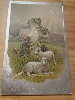 Vintage Embossed Easter Postcard Lambs Cross Silver Border EASTER JOYS Be Thine - Image 1
