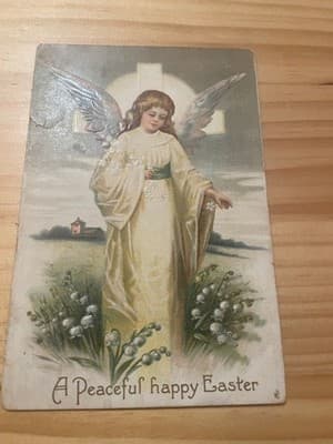 Vintage Embossed Easter Postcard Angel Lilies 1913 Postmark Green 1c Stamp - Image 1
