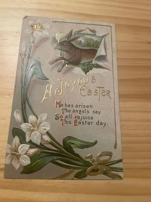 Vintage Embossed Easter Postcard Printed in Germany 1909 Rabbit Lilies Gold - Image 1