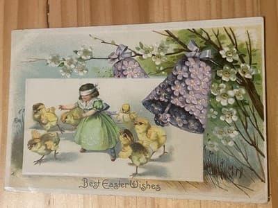 Vintage Embossed Easter Postcard Chicks Girl Best Easter Wishes Postmarked - Image 1