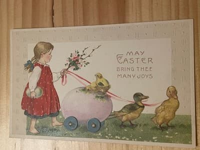 Vintage Embossed Easter Postcard Girl Egg Ducklings May Easter Bring Thee Joys - Image 1
