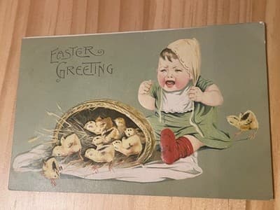Vintage Easter Greeting Embossed Postcard Child Chicks Postmarked 1912 USA - Image 1