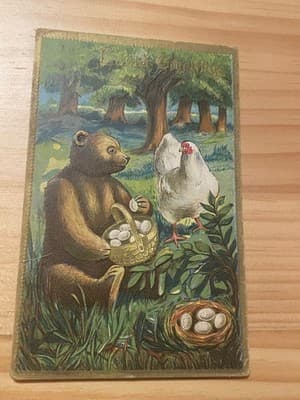 Vintage Embossed Postcard Bear Hen Eggs Forest Scene Printed in Saxony Unposted - Image 1