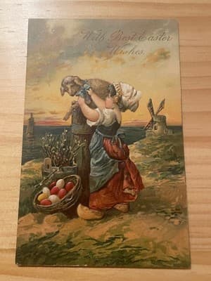 Vintage Easter Postcard Best Easter Wishes Dutch Girl Windmill Eggs Embossed - Image 1