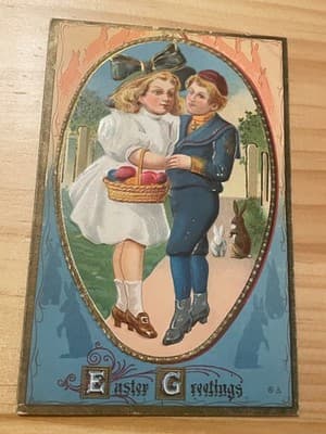 Vintage Embossed Easter Postcard Made in USA Children Basket Chicks Unposted - Image 1