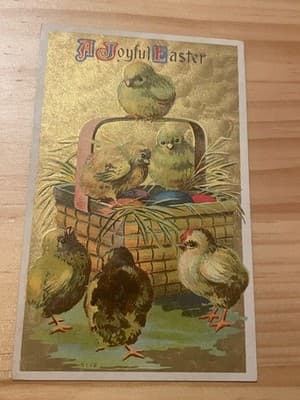 Vintage Easter Postcard Chicks Basket Gold Foil Embossed Handwritten Back Stamp - Image 1