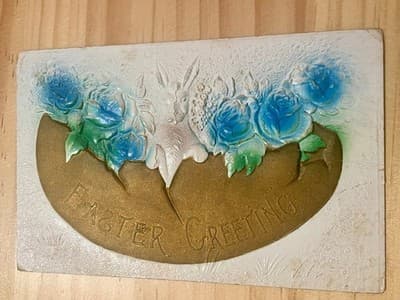 Vintage Embossed Easter Postcard Blue Roses Gold Egg Easter Greeting Unused - Image 1