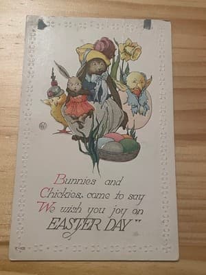 Vintage Easter Postcard Bunnies Chickies Embossed E-102 Postmarked 1909 OH - Image 1