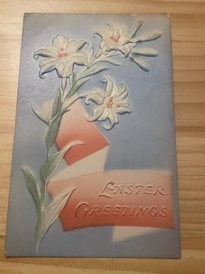 Vintage Easter Postcard Made Germany Embossed Lilies Easter Greetings Unposted - Image 1