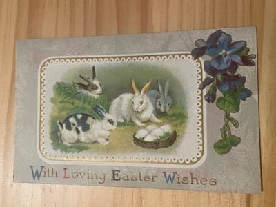 Embossed Easter Postcard Rabbits With Loving Easter Wishes Unused Unposted - Image 1