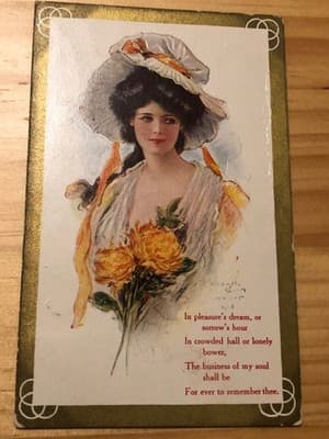 Vintage 1909 Postcard Woman Yellow Roses Poem Postmarked Oct 19 Watseka IL - Image 1