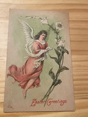 Vintage Easter Postcard Angel With Lilies Green 1c Stamp Postmarked Addressed - Image 1