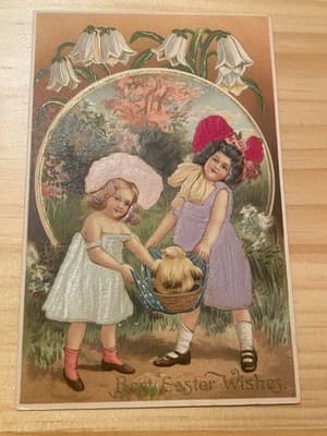 Vintage Embossed Easter Postcard Girls Chick Basket Handwritten Postmarked - Image 1