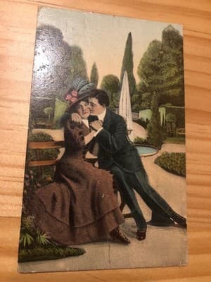 Vintage Romantic Couple Fountain Park Postcard Divided Back Handwritten Unposted - Image 1