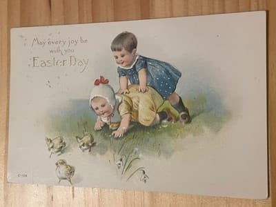 Vintage Easter Postcard Embossed Children Chicks 1912 Brooklyn Postmark - Image 1