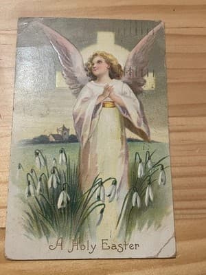 Vintage Easter Postcard Angel A Holy Easter Religious Snowdrops Embossed Gilt - Image 1