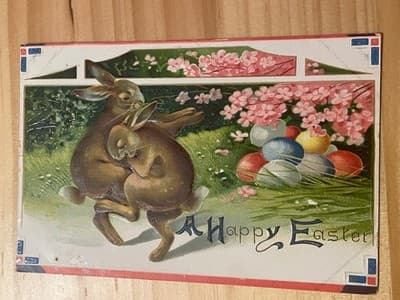 Vintage Embossed Happy Easter Postcard Bunnies Eggs Cherry Blossom Scene - Image 1