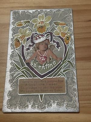 Vintage Embossed Valentine Postcard Cherub Daffodils Heart Purple Bow Silvered - Image 1