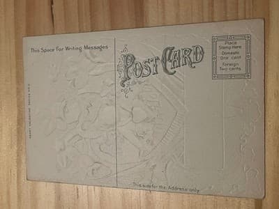 Vintage Embossed Valentine Postcard Cherub Daffodils Heart Purple Bow Silvered - Thumbnail 2