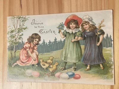 Vintage Embossed Easter Postcard Girls Chicks Eggs Joyous Be Thine Unposted - Image 1