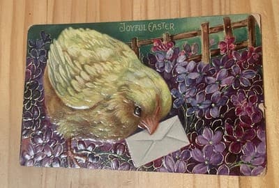 Vintage Easter Postcard Chick with Envelope Embossed Gold Violets Unposted - Image 1