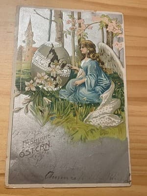 Vintage Easter Postcard Angel Sitting By Egg Frohliche Ostern Embossed Silver - Image 1