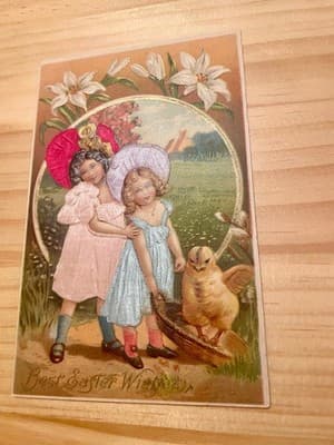 Victorian Embossed Easter Postcard 1908 Chick Girls Handwritten Posted Ohio - Image 1