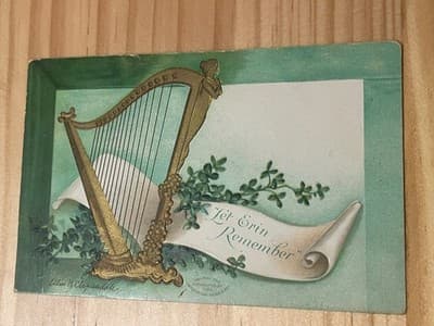 Vintage Embossed Postcard Let Erin Remember Harp Clover Green Gold Postmarked - Image 1